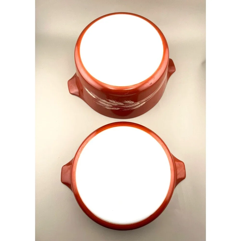 Vtg PYREX 2pc Autumn Harvest Wheat Nesting Casserole Dish Bowls 473-B 471-B Rust